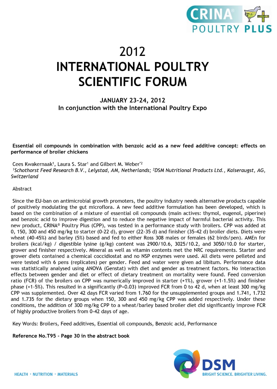 Essential oil compounds with benzoic acid on broilers